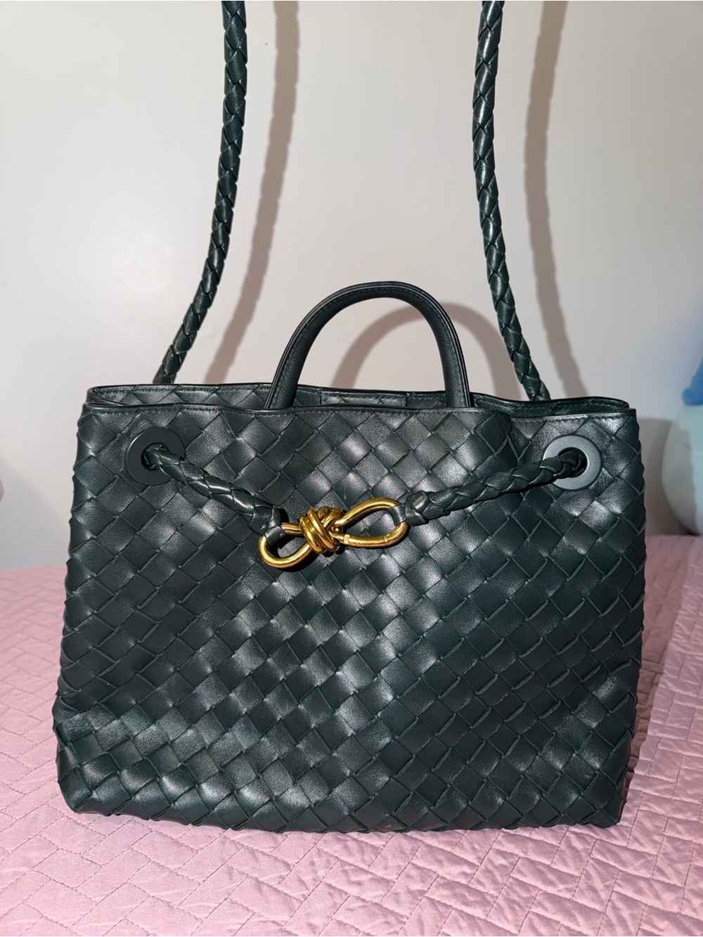 Woven Leather Tote Handbag in Dark Green